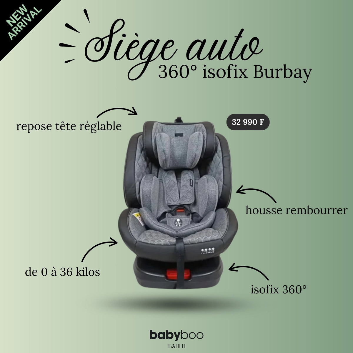 Siège auto 360° Isofix Burbay – repose-tête réglable, housse rembourrée, 0 à 36 kg