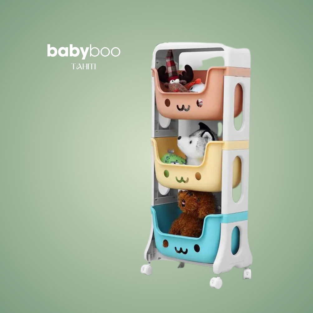 Meuble de rangement pour enfant avec trois bacs colorés sur roulettes