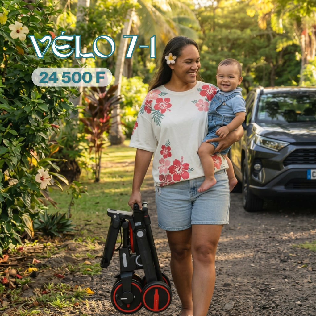 Vélo évolutif 7en1 plié — maman portant bébé à Tahiti