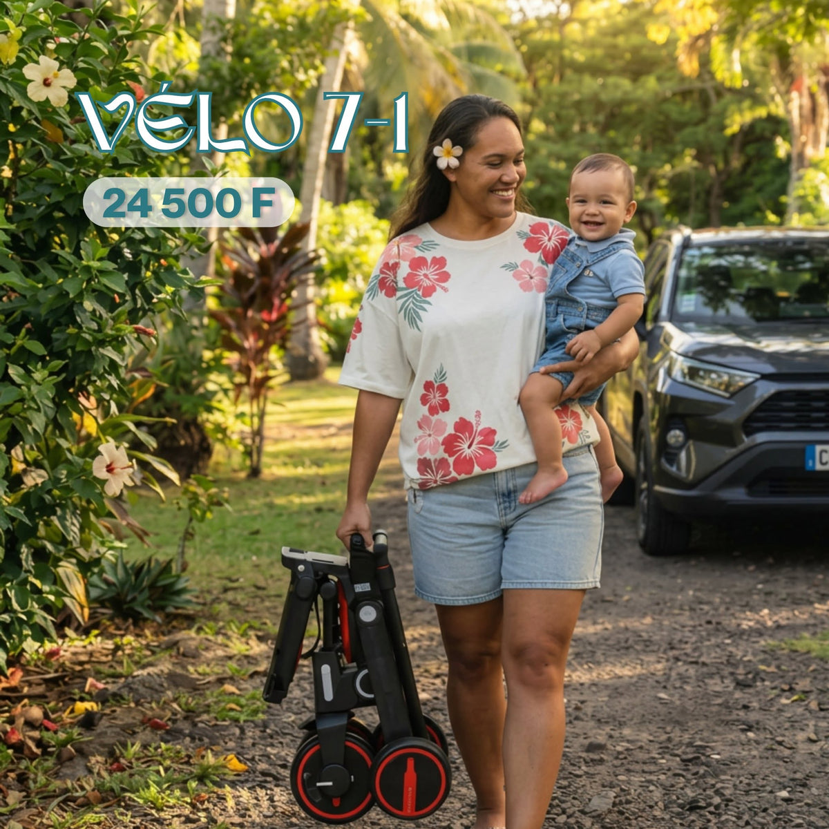 Vélo évolutif 7en1 plié — maman portant bébé à Tahiti