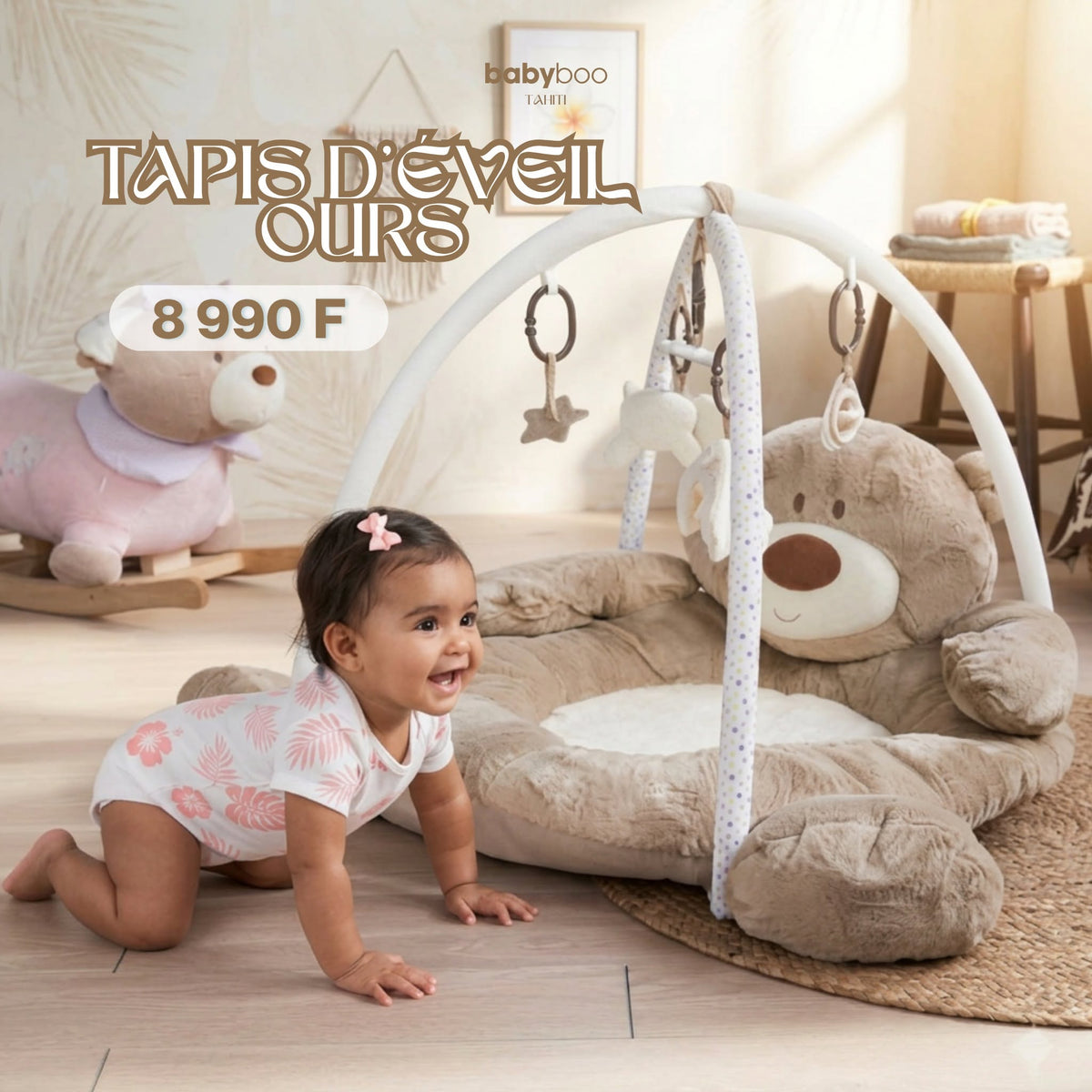 Tapis d'éveil ours avec arche de jeux et jouets sensoriels pour bébé